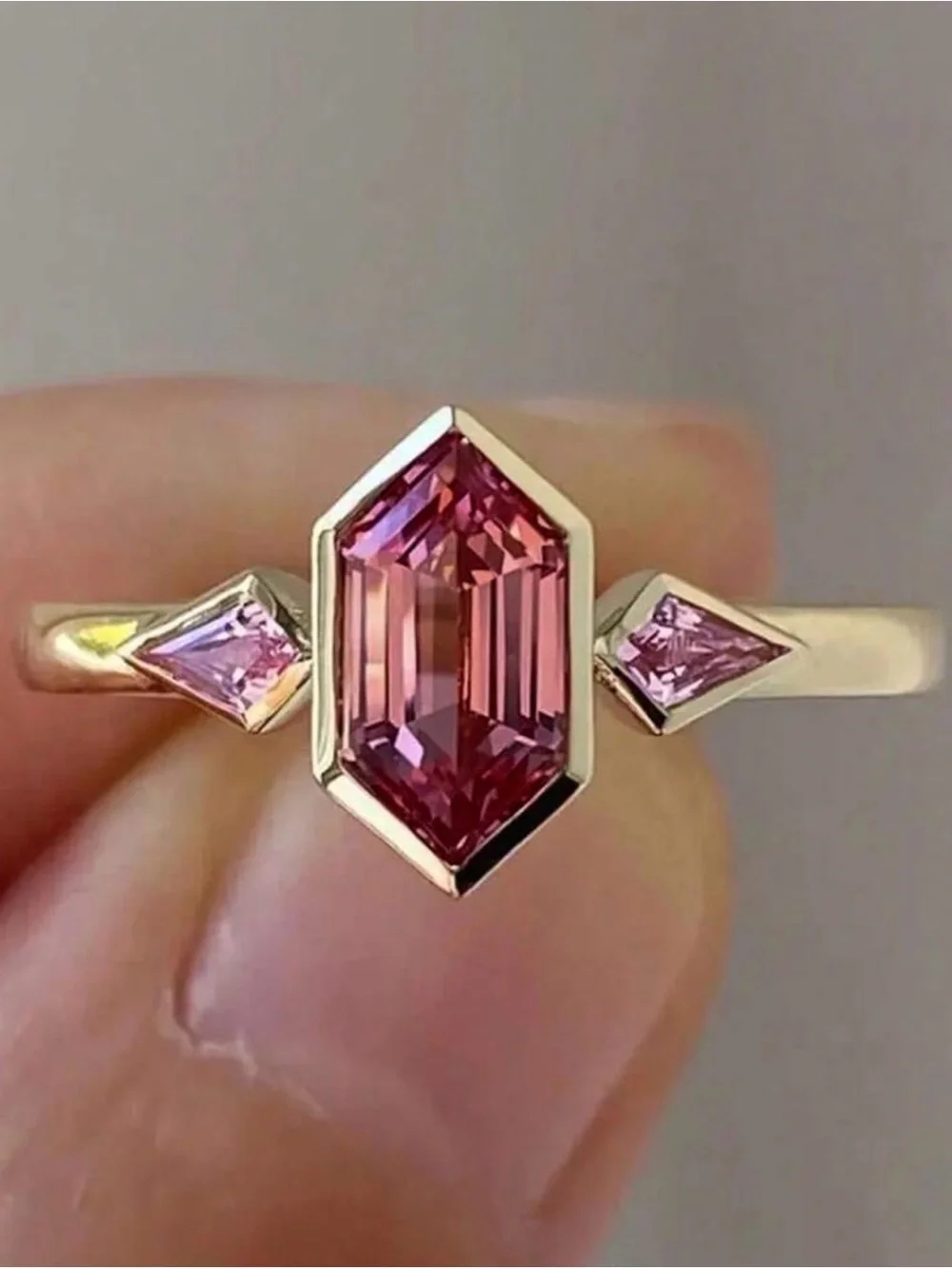 CZ Ring with Pink Hexagonal Center Stone and Pink Side Stones size 7